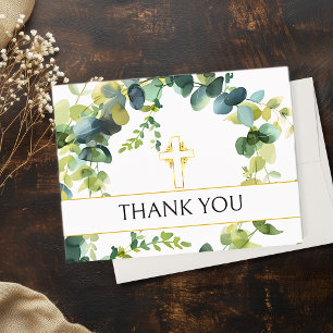 Elegant Eucalyptus Gold Cross Memorial Thank You  Card