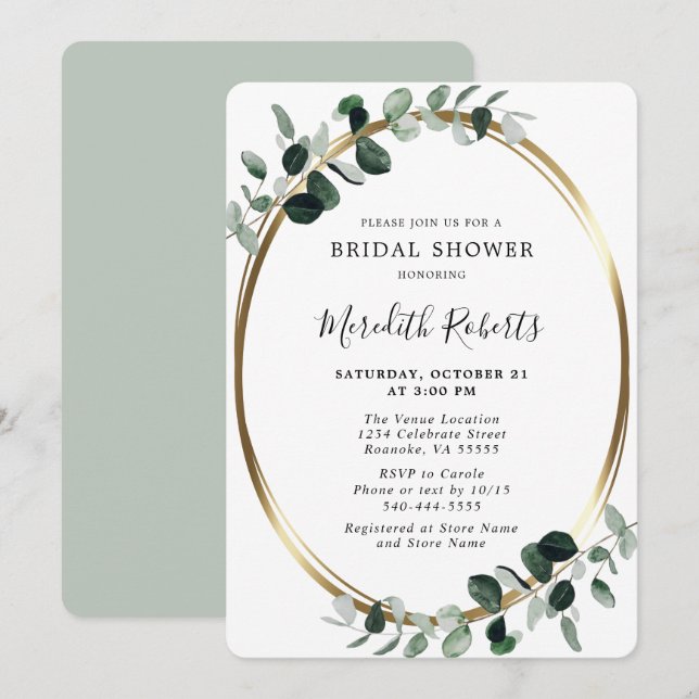Elegant Eucalyptus Gold Foil Bridal Shower Invitation (Front/Back)