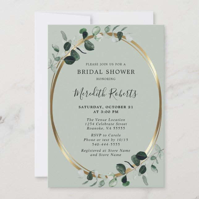 Elegant Eucalyptus Gold Foil Sage Bridal Shower Invitation (Front)