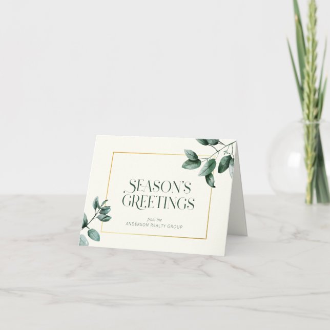 Elegant Eucalyptus Gold Frame Business Logo Holiday Card (Front)