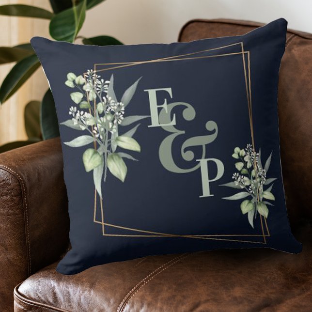Elegant Eucalyptus Gold Frame Monogram Initials  T Throw Pillow (Creator Uploaded)