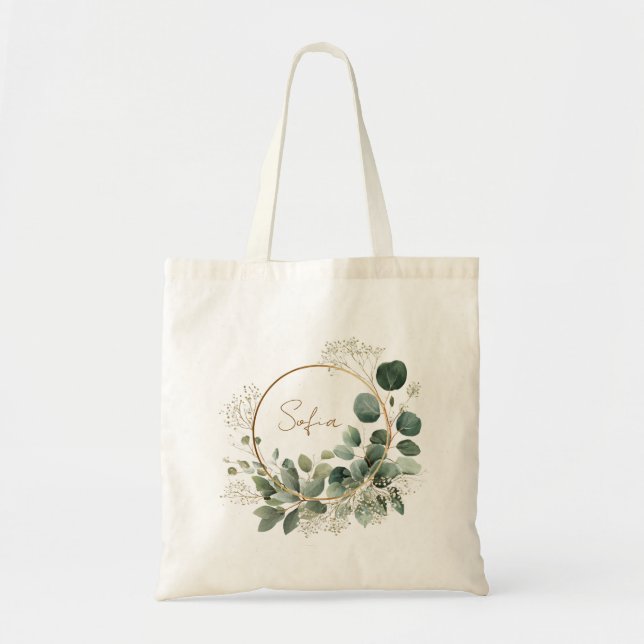 Elegant Eucalyptus Gold Frame Personalized Tote Bag (Front)