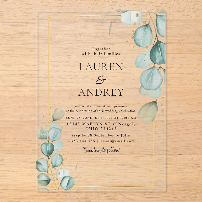 Elegant Eucalyptus Gold Frame Wedding Acrylic Invitations (Front)