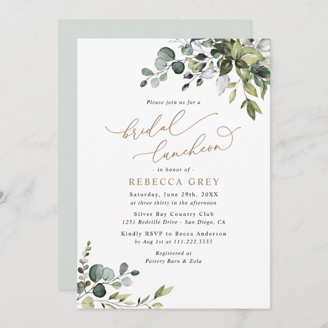 Elegant Eucalyptus Gold Greenery Bridal Luncheon Invitation (Front/Back)