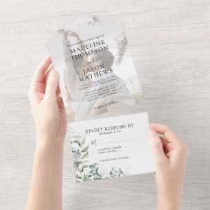 Elegant Eucalyptus Gold Greenery Photo Wedding All In One Invitation