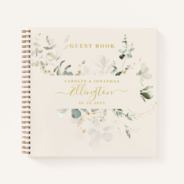 Elegant Eucalyptus Gold Script Photo Guest book  (Front)