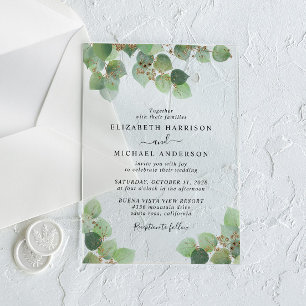 Elegant Eucalyptus Gold Watercolor Wedding Acrylic Invitations