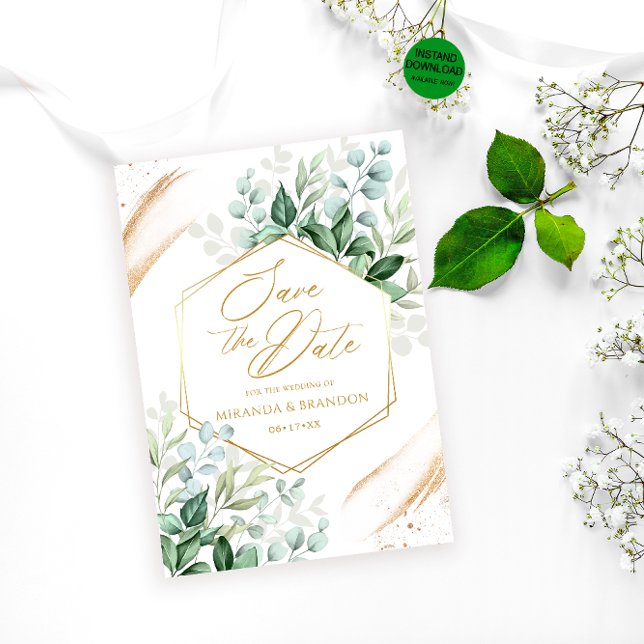 Elegant Eucalyptus Gold Wedding Save the Date Invitation (Creator Uploaded)