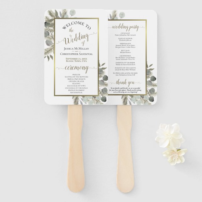 Elegant Eucalyptus & Golden Pine Wedding Program Hand Fan (Front and Back)