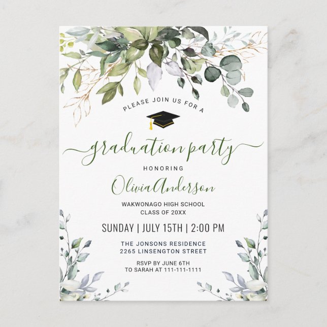 Elegant Eucalyptus Graduation Party Invitation Postcard (Front)
