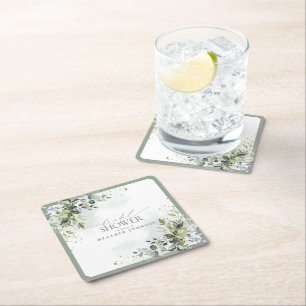 Elegant Eucalyptus Green Botanical Bridal Shower Square Paper Coaster