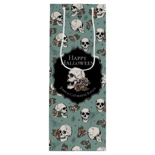 Elegant Eucalyptus Green Floral Skulls Halloween Wine Gift Bag