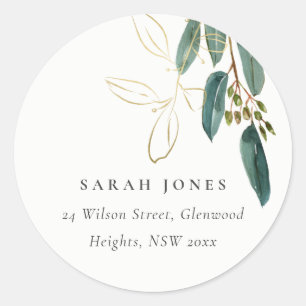 ELEGANT EUCALYPTUS GREEN GOLD FOLIAGE ADDRESS LABE CLASSIC ROUND STICKER