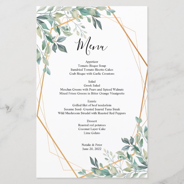 Elégant Eucalyptus Green Gold Mariage Menu (Devant)