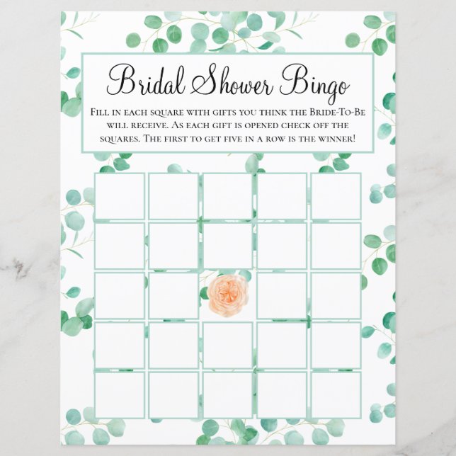 Elegant Eucalyptus Green Peach Floral Bridal Bingo (Front)