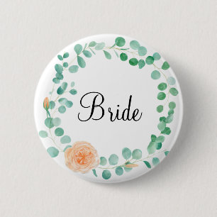 Elegant Eucalyptus Green Peach Floral Bride 2 Inch Round Button