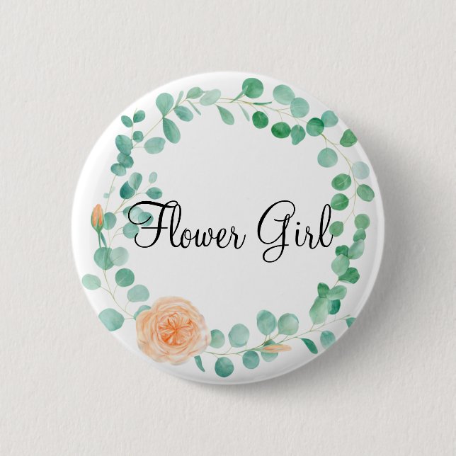 Elegant Eucalyptus Green Peach Floral Flower Girl 2 Inch Round Button (Front)