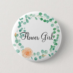 Elegant Eucalyptus Green Peach Floral Flower Girl 2 Inch Round Button