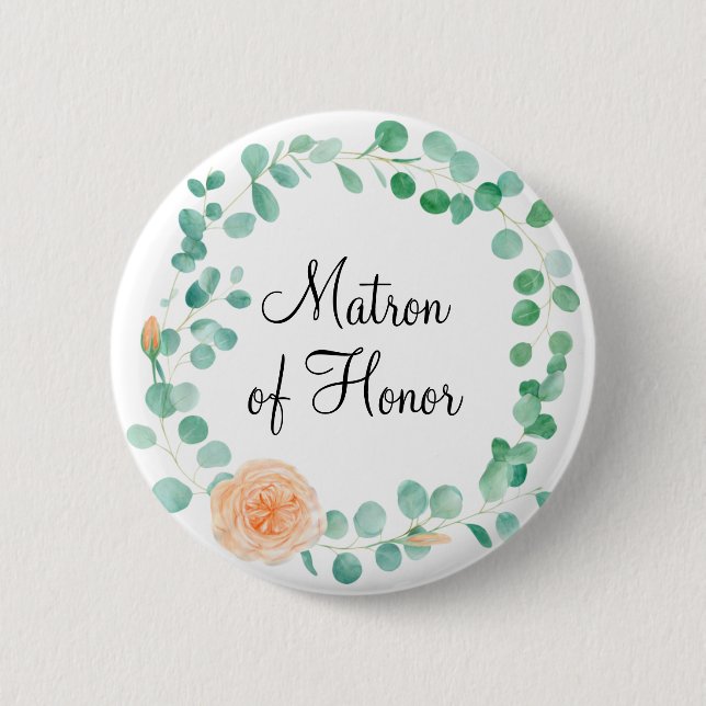 Elegant Eucalyptus Green Peach Matron of Honour 2 Inch Round Button (Front)