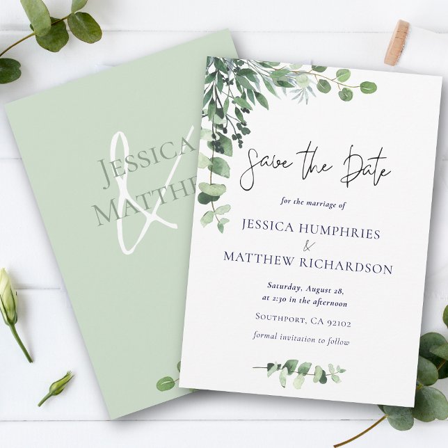 Elegant Eucalyptus Green White Wedding Flat Save The Date (Elegant Eucalyptus Green White Wedding Flat Save The Date)