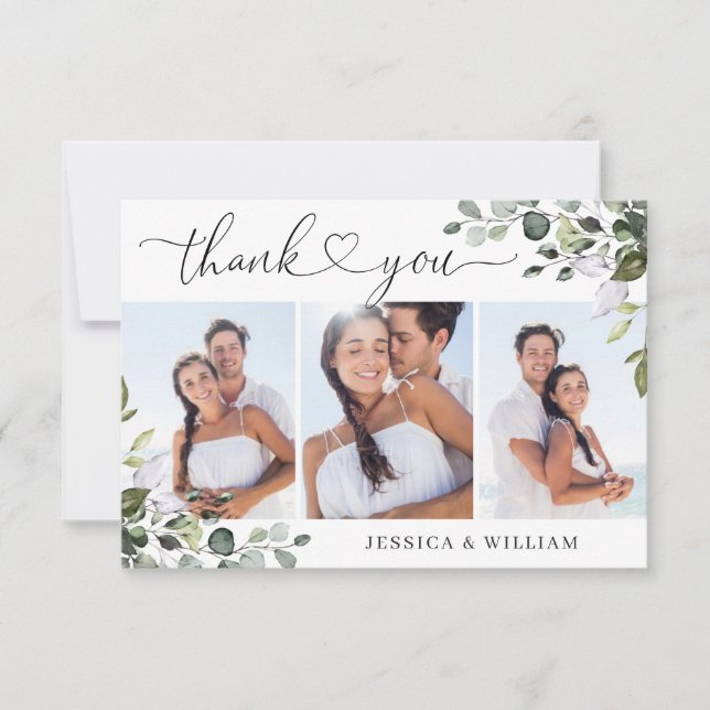 Elegant Eucalyptus Greenery 3 PHOTO Wedding Thank You Card (Front)