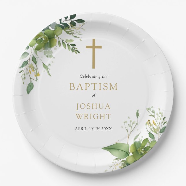 Elegant Eucalyptus Greenery Baptism Christening Paper Plate (Front)