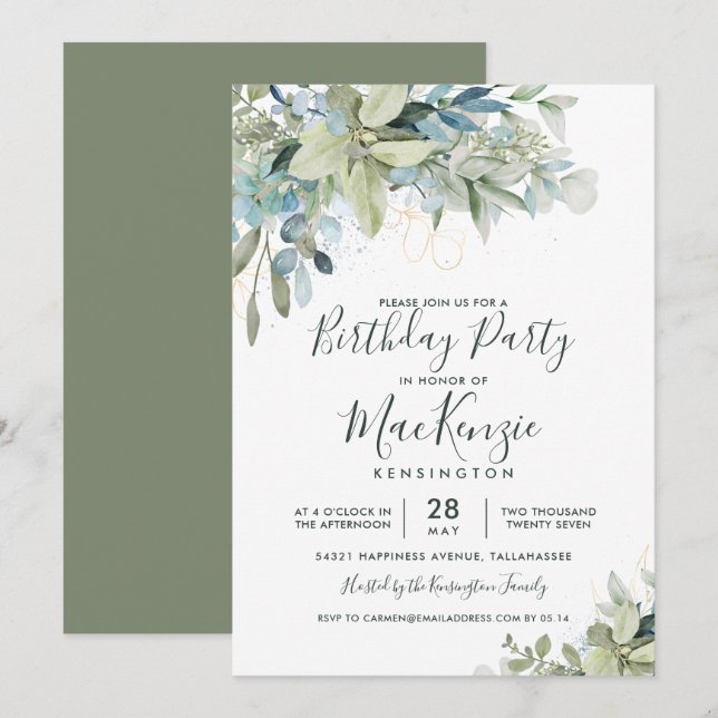 Elegant Eucalyptus Greenery Birthday Party Invitation (Front/Back)