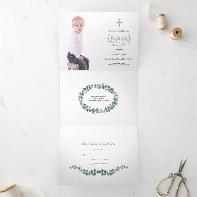 Elegant Eucalyptus Greenery Boy Photo Baptism Tri-Fold Invitation (Inside)