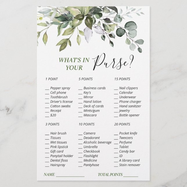 Elegant Eucalyptus Greenery Bridal Shower Game (Front)