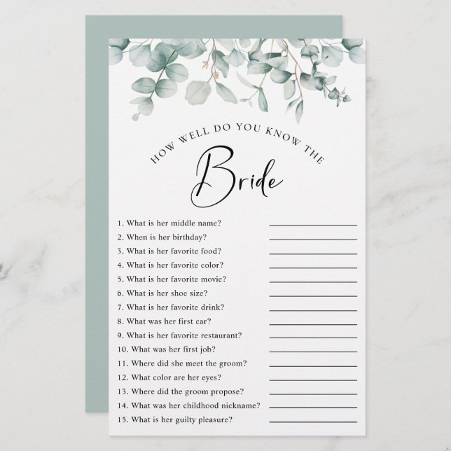 Elegant Eucalyptus Greenery Bridal Shower Game (Front/Back)