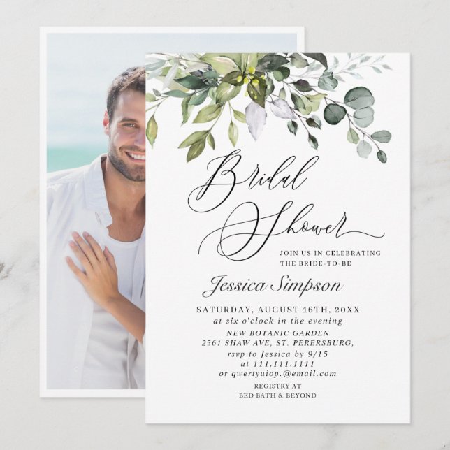 Elegant Eucalyptus Greenery Bridal Shower PHOTO Invitation (Front/Back)