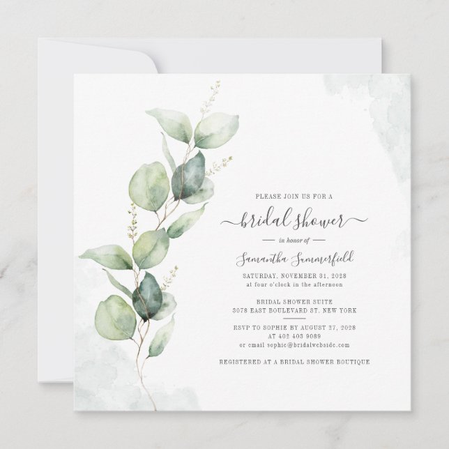 Elegant Eucalyptus Greenery Chic Bridal Shower Invitation (Front)