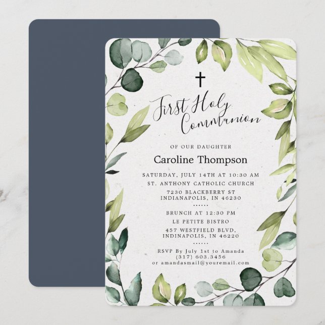 Elegant Eucalyptus Greenery First Holy Communion Invitation (Front/Back)