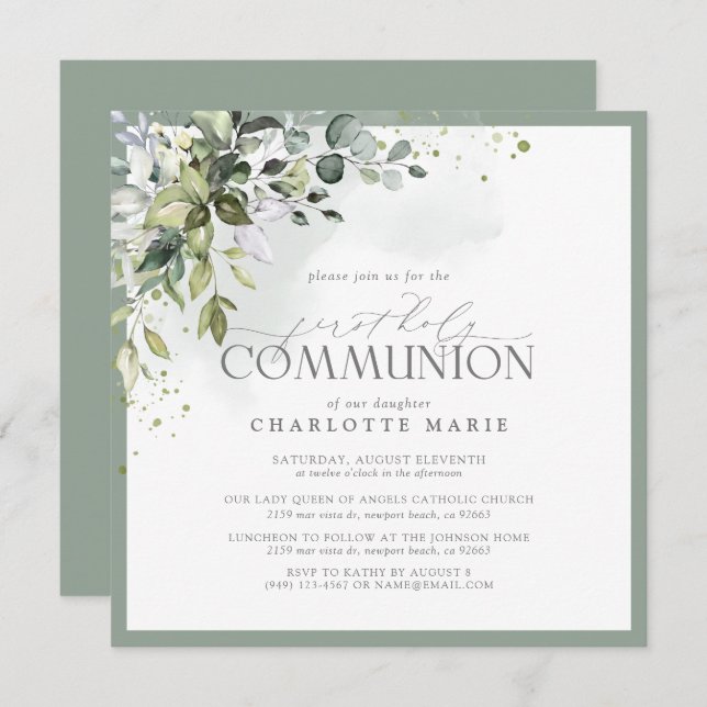 Elegant Eucalyptus Greenery First Holy Communion Invitation (Front/Back)