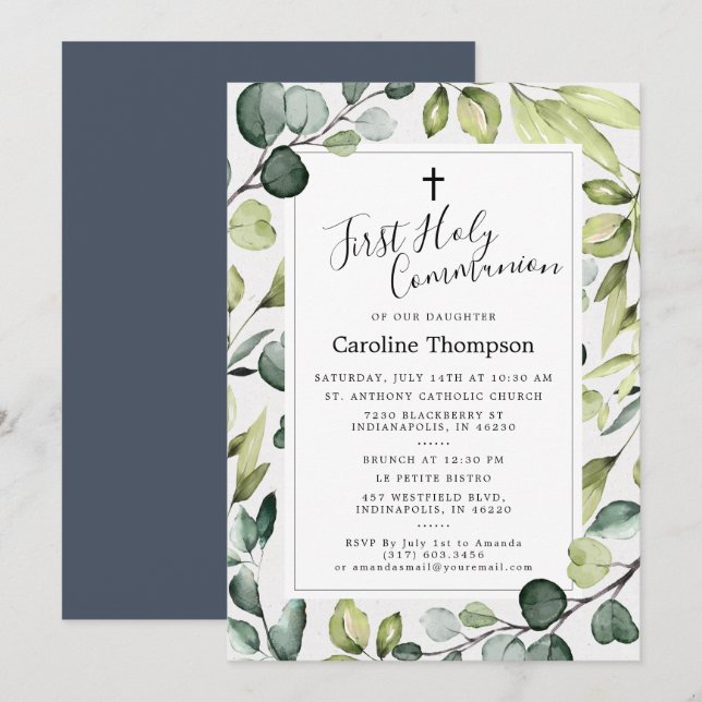 Elegant Eucalyptus Greenery First Holy Communion Invitation (Front/Back)
