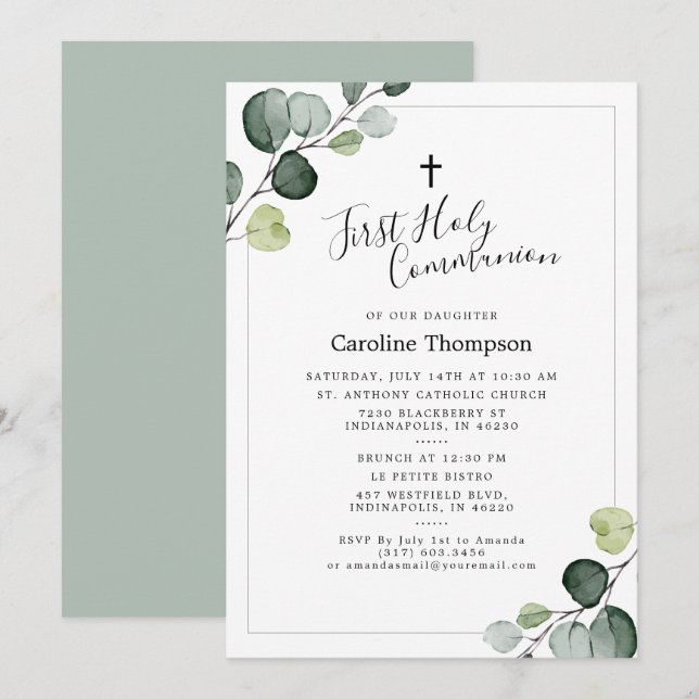 Elegant Eucalyptus Greenery First Holy Communion Invitation (Front/Back)