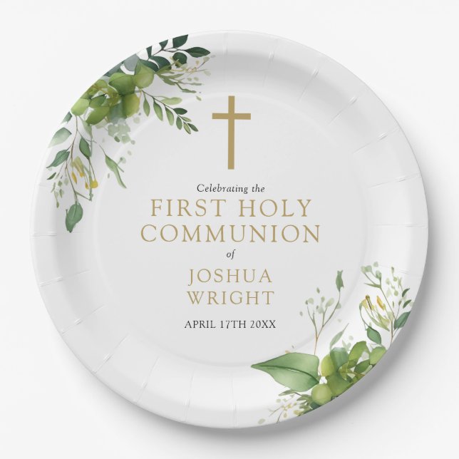 Elegant Eucalyptus Greenery First Holy Communion Paper Plate (Front)