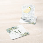 Elegant Eucalyptus Greenery Floral Monogram Square Paper Coaster<br><div class="desc">Elegant Eucalyptus Botanical Floral Monogram Paper Coasters featuring our lovely sage eucalyptus green and dusty blue greenery and modern typography. Easy to customize with your information for a simply elegant family name coasters. Please contact us at cedarandstring@gmail.com if you need assistance with the design or matching products.</div>