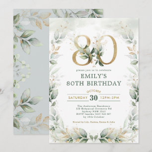 Elegant Eucalyptus Greenery Gold 80th Birthday Invitation