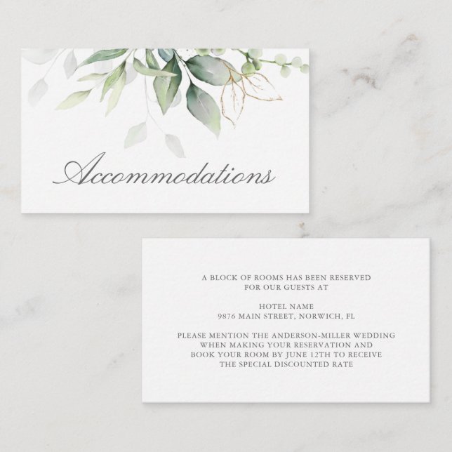 Elegant Eucalyptus Greenery Gold Accommodation Enclosure Card (Front/Back)