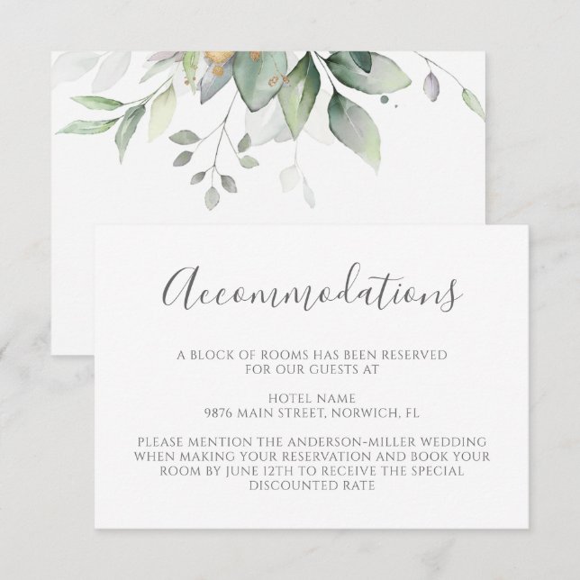 Elegant Eucalyptus Greenery Gold Accommodations Enclosure Card (Front/Back)