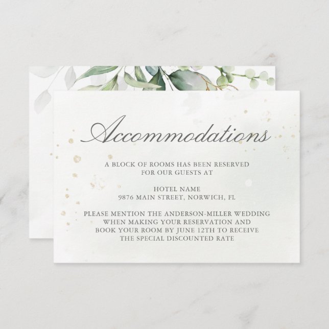 Elegant Eucalyptus Greenery Gold Accommodations Enclosure Card (Front/Back)