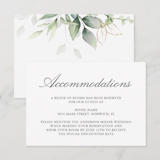 Elegant Eucalyptus Greenery Gold Accommodations Enclosure Card (Front/Back)