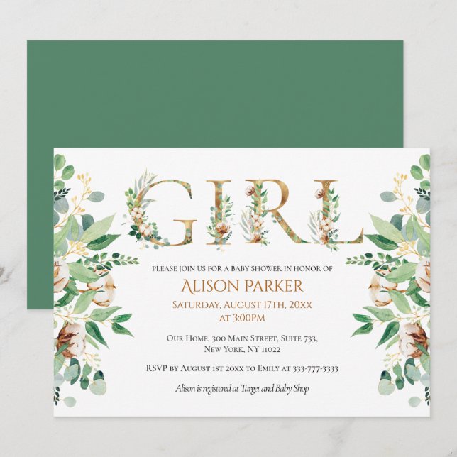 Elegant Eucalyptus Greenery Gold Baby Girl Shower Invitation (Front/Back)