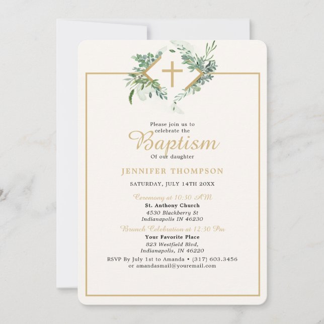 Elegant Eucalyptus Greenery Gold Baptism Invitation (Front)