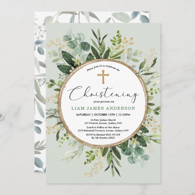 Elegant Eucalyptus Greenery Gold Christening Invitation (Front/Back)