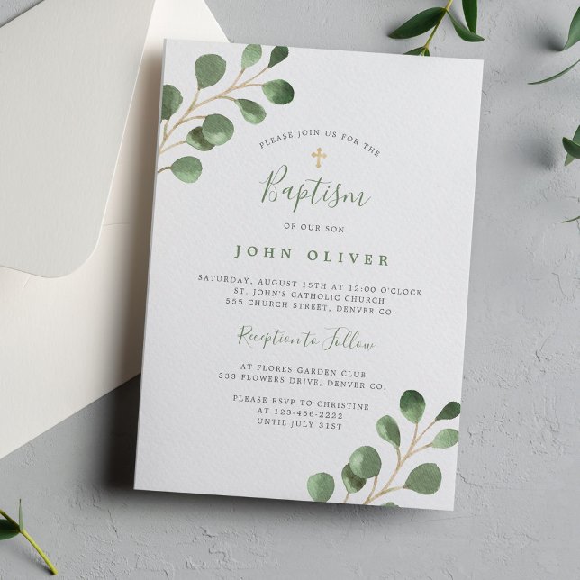Elegant eucalyptus greenery gold cross Baptism Invitation (Creator Uploaded)