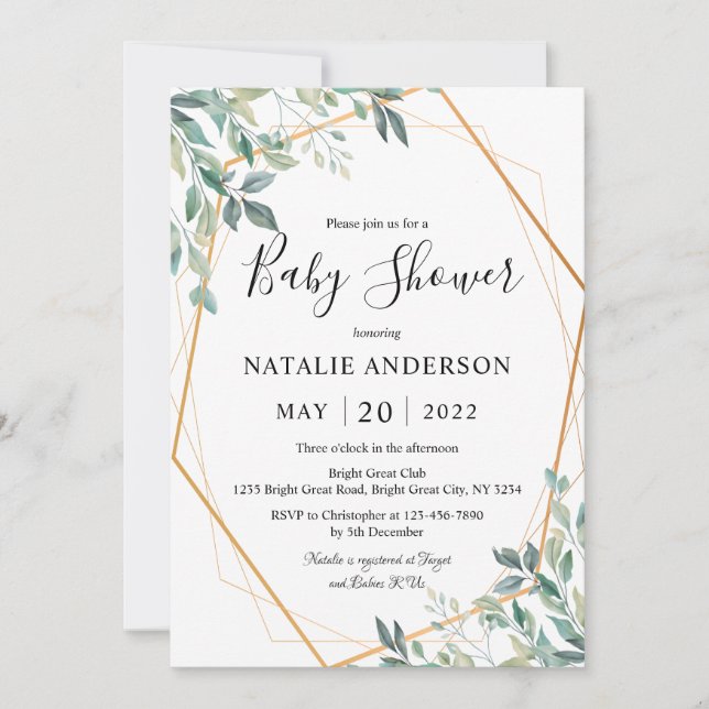 Elegant Eucalyptus Greenery Gold Frame Baby Shower Invitation (Front)