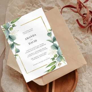 Elegant Eucalyptus Greenery Gold Frame Wedding Invitation