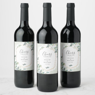 Elegant Eucalyptus Greenery Gold Geometric Wedding Wine Label